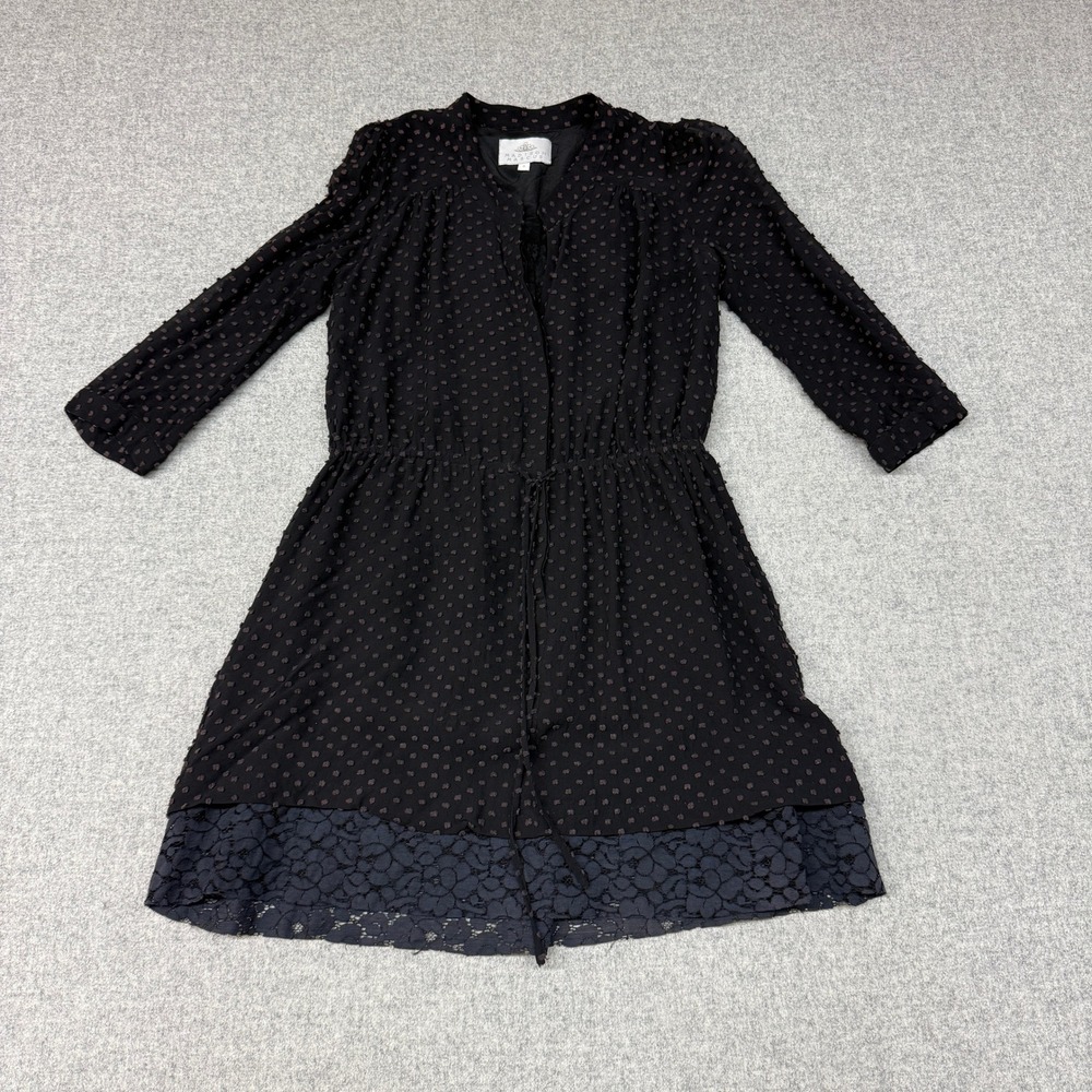 Madison Marcus | Clip Dot Lace Hem Dress | Small | Black | 3/4 Sleeve Drawstring